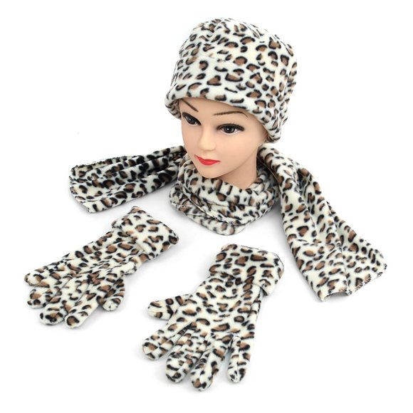 Womens Winter FLEECE LEOPARD PRINT Hat Scarf Gloves SET - Picture 2 of 4